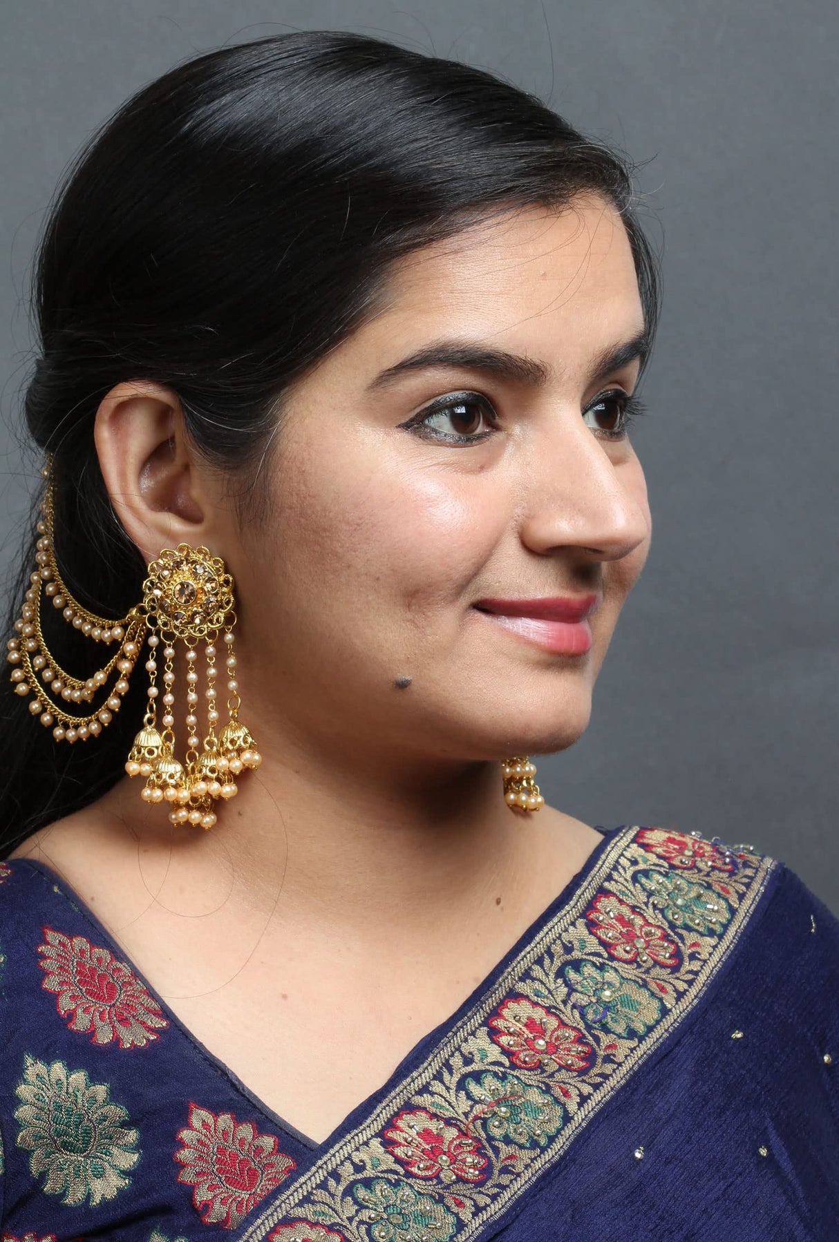 Bindhani Indian Bahubali Style Long Tassel With Multiple Small Jhumki Earring & Back Hair Chain For Women
