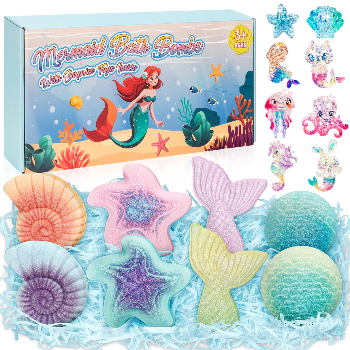 8 Packs Bath Bombs for Kids Girls, Mermaid Bath Bomb with Surprise Toys Inside, Princess Bubble Bath Toys for Kids Aged 4-8, Christmas Birthday Gifts for Girls 3 4 5 6 7 8