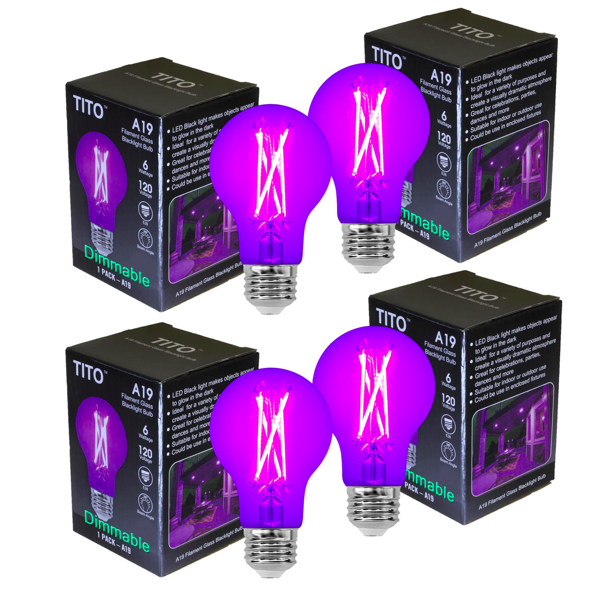 TITO 4 Pack E26 A19 Dimmable Filament LED Black Light Bulbs, UVA 395nm 6W Blacklight Bulb 100W Equivalent, Black Light Bulb Glow in Dark Halloween Christmas Party Fluorescent Posters Decor Display
