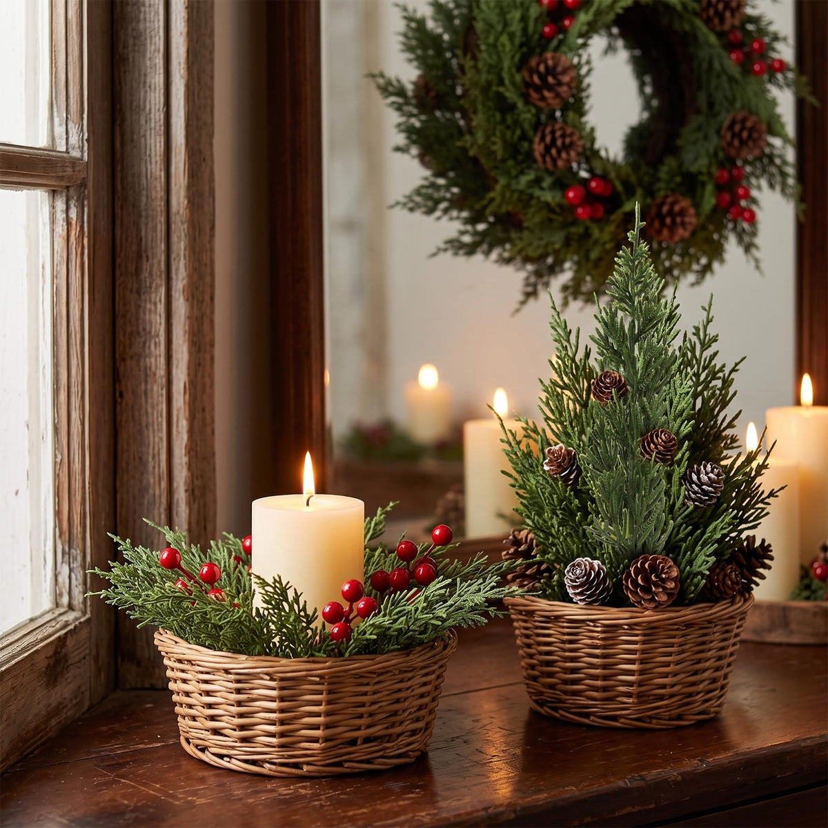 lovemoon 70Pcs Christmas Artificial Pine Stems with Red Berries, Faux Cedar Branches, Fake Christmas Greenery Pine Picks with Berries Stems for DIY Crafts, Garland Wreath & Home Xmas Decor (70)
