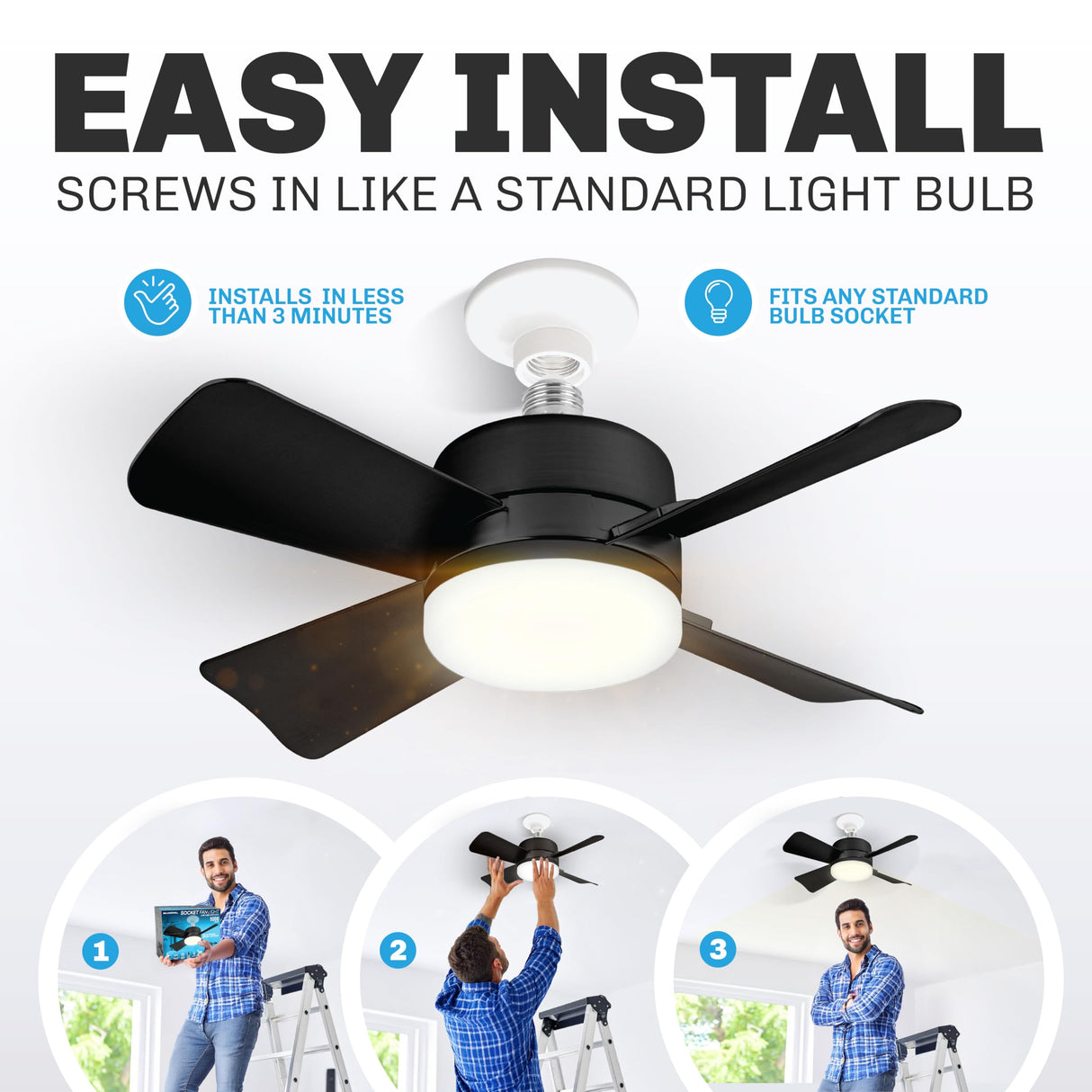 Bell+Howell Socket Breeze Socket Fan Light with Remote, Portable Small Ceiling Fans with Lights for Bedroom, Kitchen, Living Room, Ceiling Fan with Light 3500K, 1000 Lumens, Screws into E26/E27