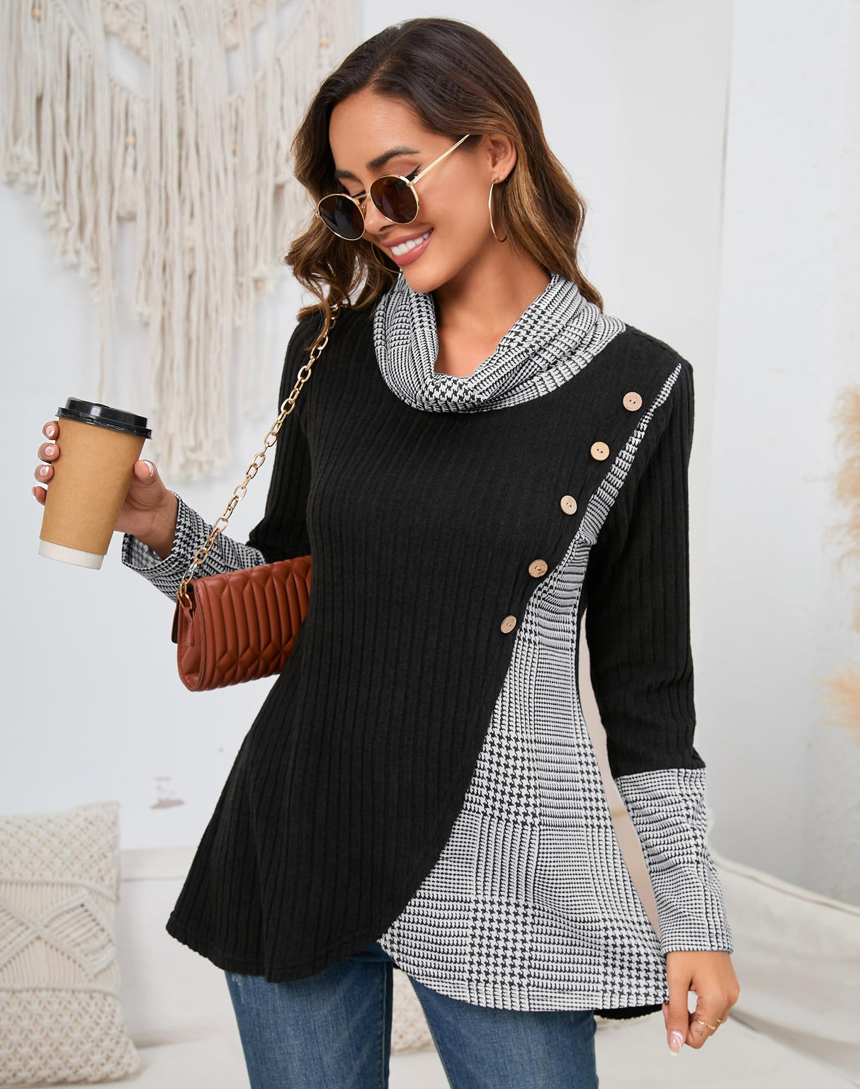 Miusey Cable Knit Sweater Lightweight Sweaters for Women Cozy Sweatshirts for Women Loose Fit for Holiday Christmas Black White Plaid L