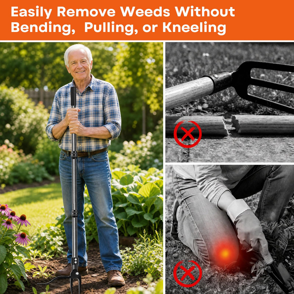 GOXAWEE Metal Stand Up Weed Puller Tool - 45" Garden Weeding Tool with Steel Long Handle & 4-Claw Steel Head - Effortlessly Remove Weeds Without Bending/Kneeling - All Steel Construction