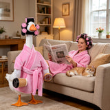 yuboo 23 Inch Pink Lady Porch Goose Outfits, Bathrobe Porch Goose Statue Costume with Cute Curlers and Coffee Cup, Funny Summer Lawn Yard Garden Patio Decor, Cute Goose Clothes Cement