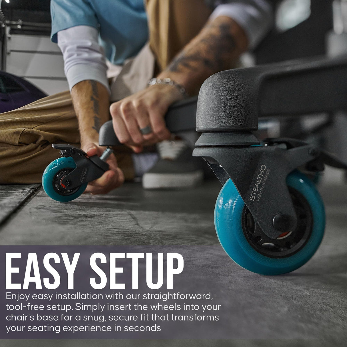 Stealtho Locking Caster Wheels Set of 5 - Heavy Duty Office Chair Casters with Brakes 2 - Replacement Industrial Wheels for Furniture, Cart - Rollerblade Style Navy