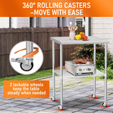 HOCCOT Stainless Steel Table with Wheels 30" x 30" Utility Worktable with Adjustable Undershelf for Commercial Kitchen, Garage, Restaurant