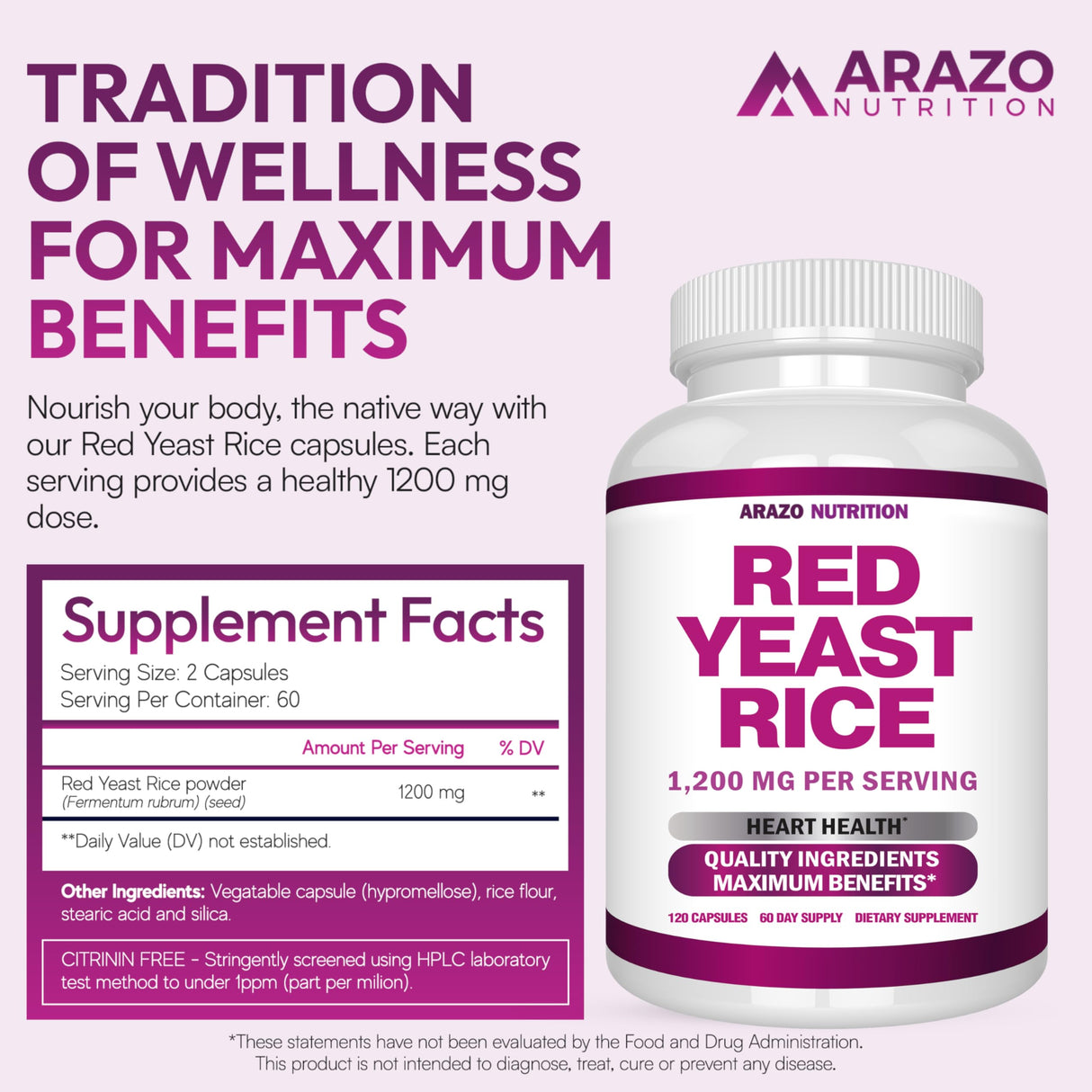Arazo Nutrition Red Yeast Rice Extract 1200 MG Per Serving – Citrinin Free Supplement – Vegetarian 120 Capsules