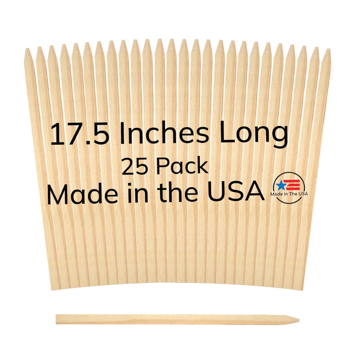 25 Pack Wooden Garden Stakes, 17.5" Long x 3/4" Wide, Made in USA Pine Plant Markers, Chisel Point Yard Stakes for Gardening, Landscaping, Row Labels, Signs & Crafts