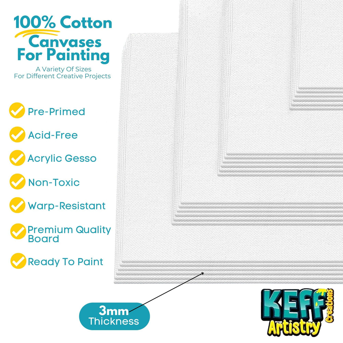 KEFF 24-Pack 𝗣𝗥𝗘𝗠𝗜𝗨𝗠 Canvas for Painting, 6 of 5x7, 8x10, 9x12,11x14 Painting Canvas Boards, Art Supplies for Adults & Kids - 100% Cotton Primed Canvases for Painting Acrylic, Oil, Watercolor