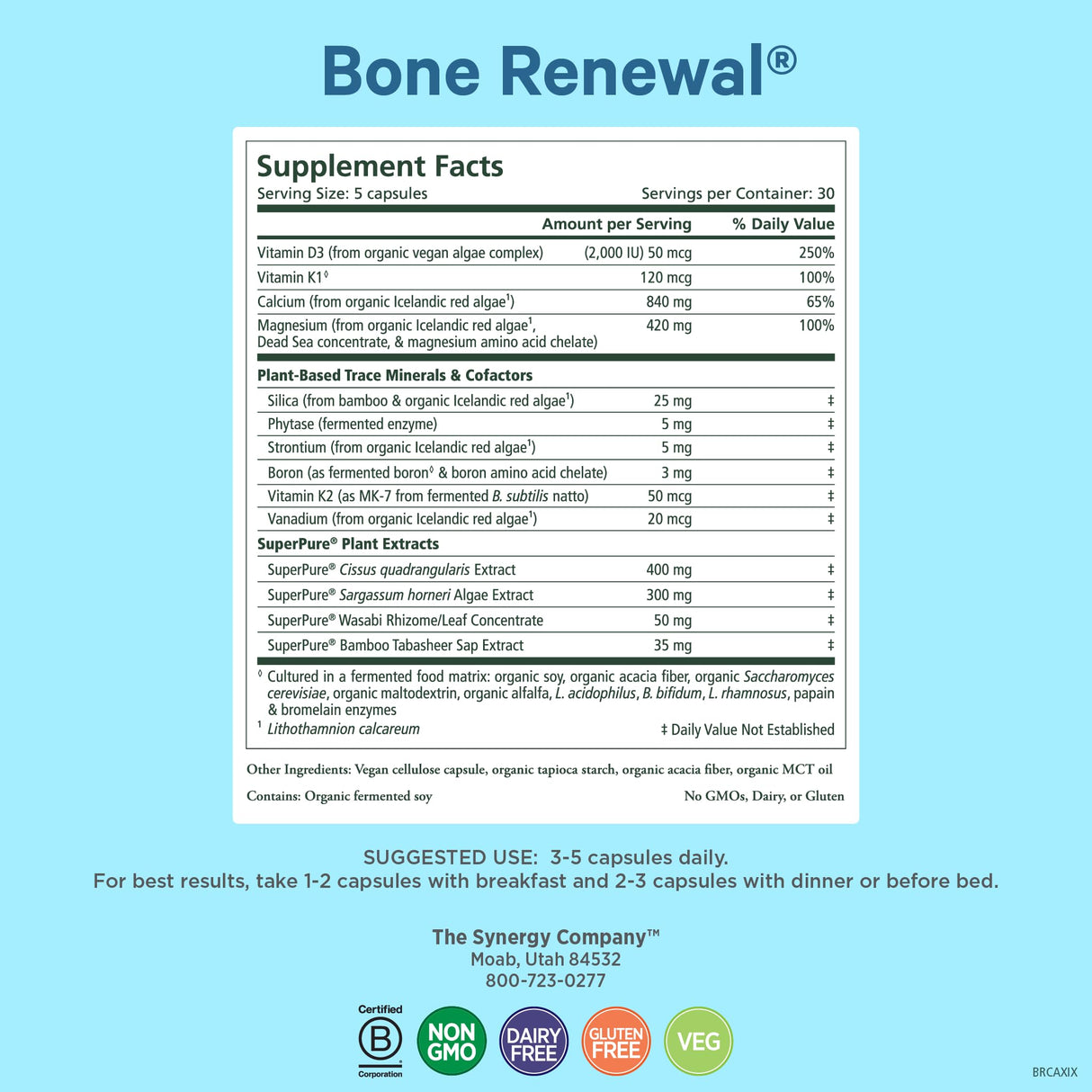 PURE SYNERGY Bone Renewal | Bioavailable Calcium with Cofactors | Natural, Vegan Supplement with Vitamin D3, K2, Magnesium, & Boron | for Lasting Bone Strength (150 Capsules)