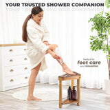 BLUEWEST Shower Foot Rest, Corner Shower Stool, Wooden Shower Foot Stool for Shaving Legs Inside Shower, Waterproof Shower Foot Rest with Storage Shelf for Small Shower Space, Shower Seats and Benches