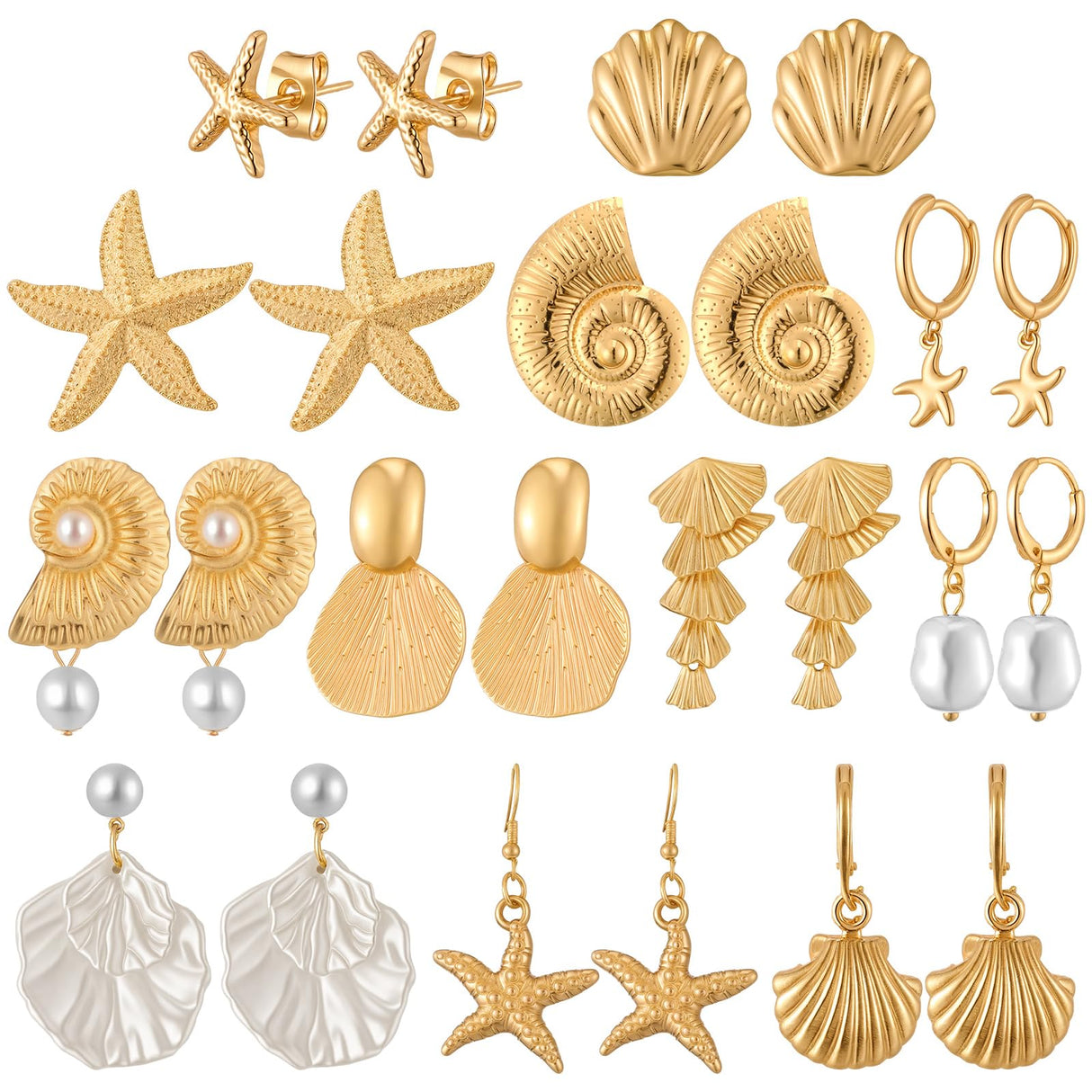 Tondiamo 12 Pairs Seashell Conch Starfish Stud Earrings Gold Ocean Themed Drop Dangle Earrings for Women Nautical Beach Jewelry Gifts