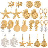 Tondiamo 12 Pairs Seashell Conch Starfish Stud Earrings Gold Ocean Themed Drop Dangle Earrings for Women Nautical Beach Jewelry Gifts