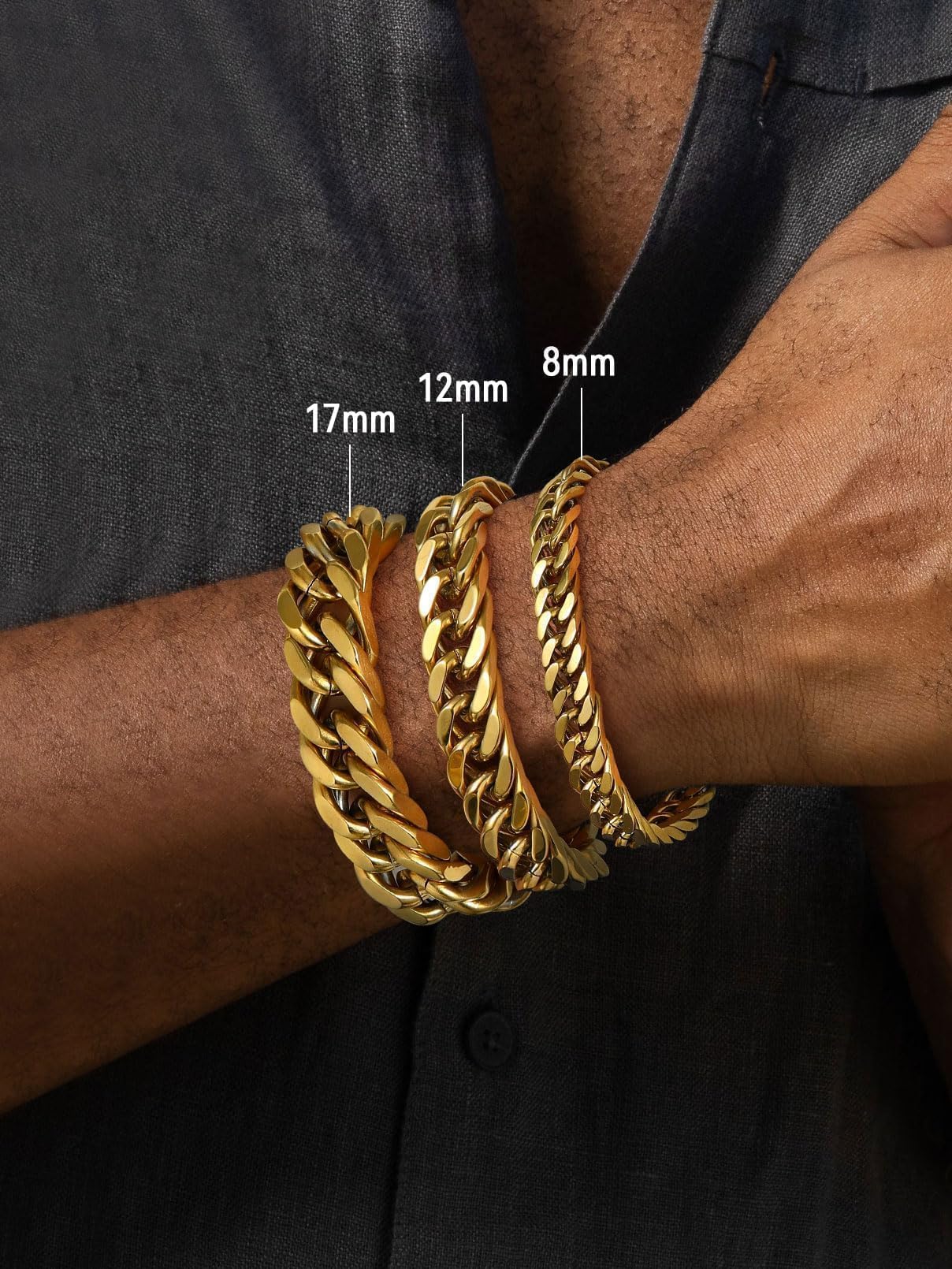 FaithHeart Gold Cuban Link Bracelet for Men, 8/12/17mm Width Stainless Steel Gold Wrist Chain Bracelets Hip Hop Jewelry 7.5/8.3/9.1 Inch Length for Valentine's Day/Father's Day/Birthday/Christmas