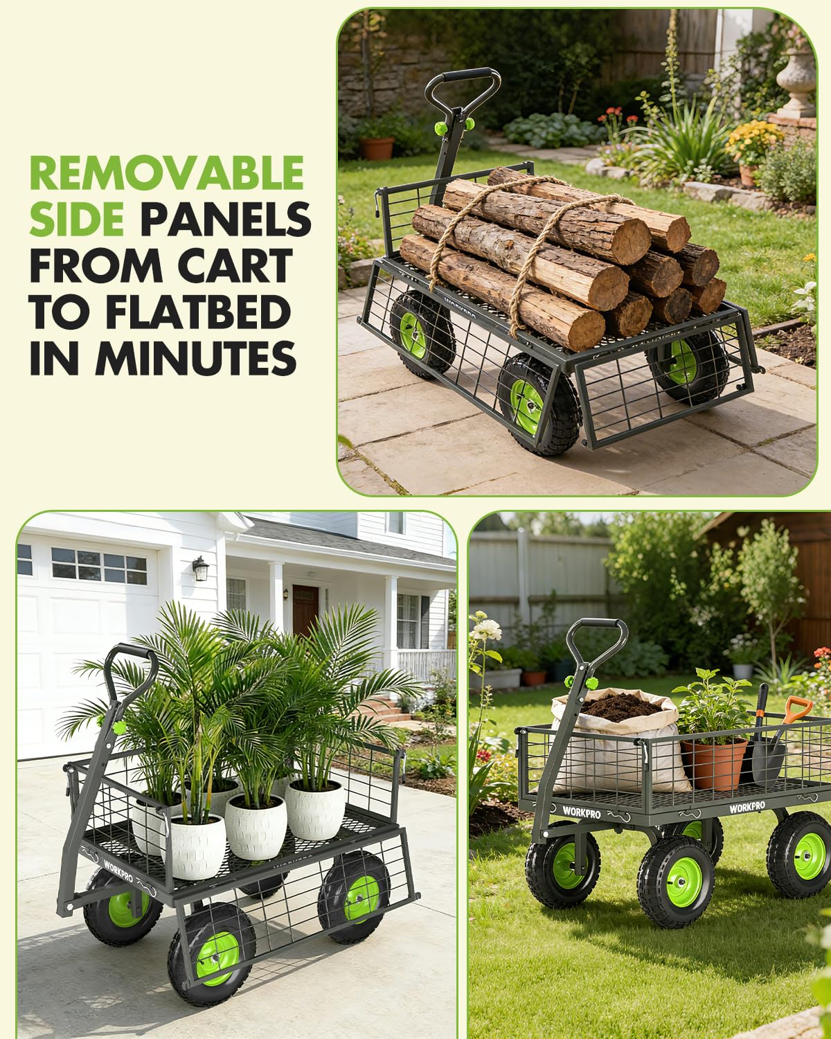 WORKPRO Large Heavy Duty Garden Cart 770 lb, 2-in-1 Convertible Utility Wagon with Removable Sides, 180° Tow Handle for ATV or Lawn Tractor, 270° Steering, Extra Large Yard Cart with All Terrain Tires