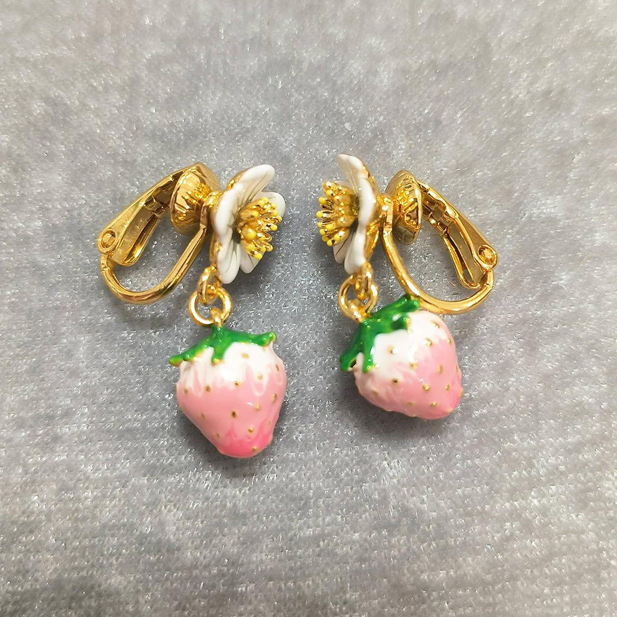 Pink Strawberry Flower Drop Earrings - Cute Enamel Fruit & Floral Stud Drop Earrings for Women, 18K Gold Plated Dainty Aesthetic Jewelry