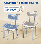 Bluelog Shower Chair with Back for Elderly and Disabled, Shower Seat Bench Stool, Adjustable Height, 500 lbs Capacity, FSA/HSA Eligible, Rectangular