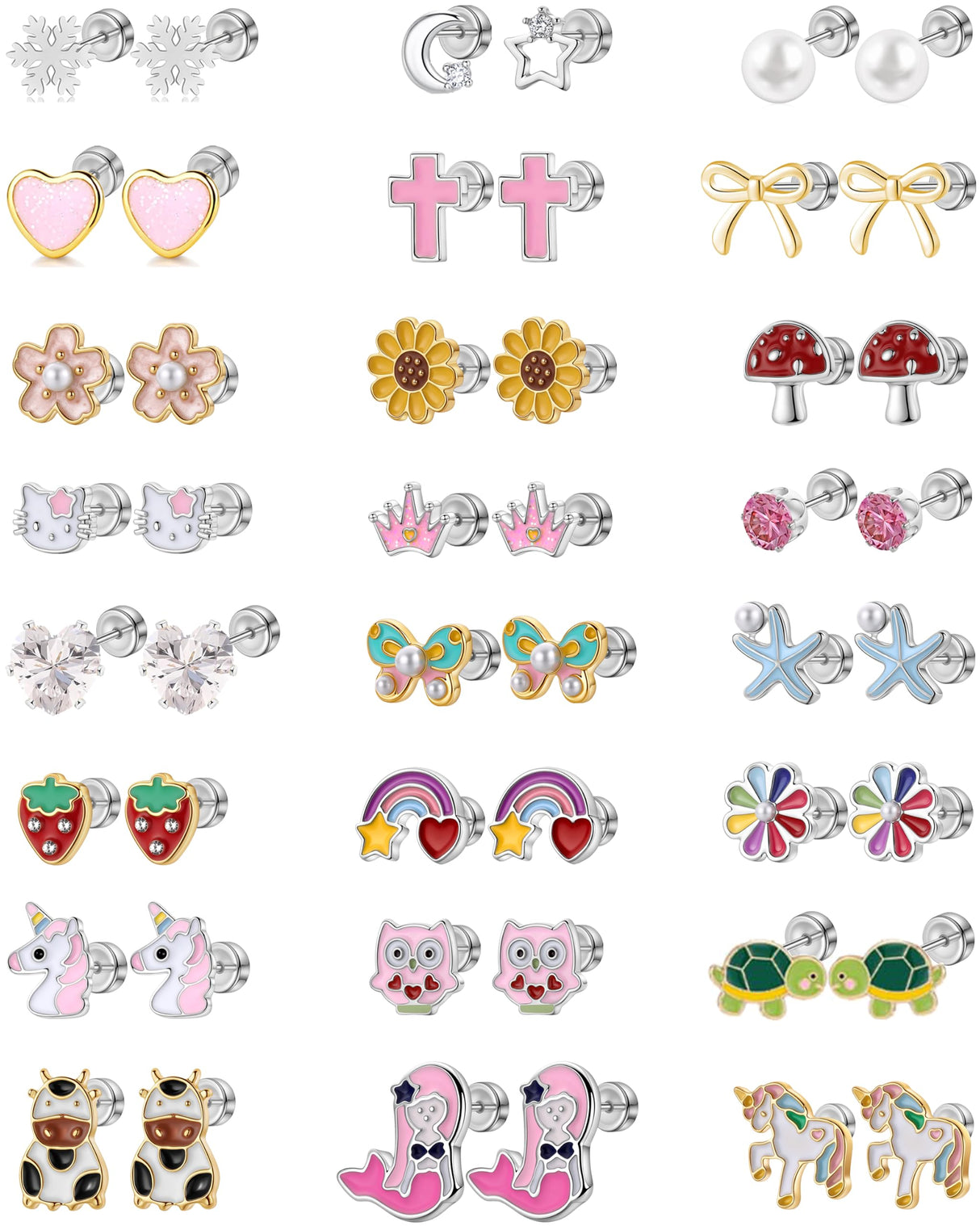24 Pairs Hypoallergenic Screw Back Earrings for Girls Kids Women