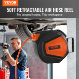 VEVOR Retractable Air Hose Reel, 3/8IN x 50FT Hybrid Air Hose Max 300PSI, Air Compressor Hose Reel with 5 ft Lead in, Ceiling/Wall Mount Enclosed Air Reel, 180° Swivel Mount