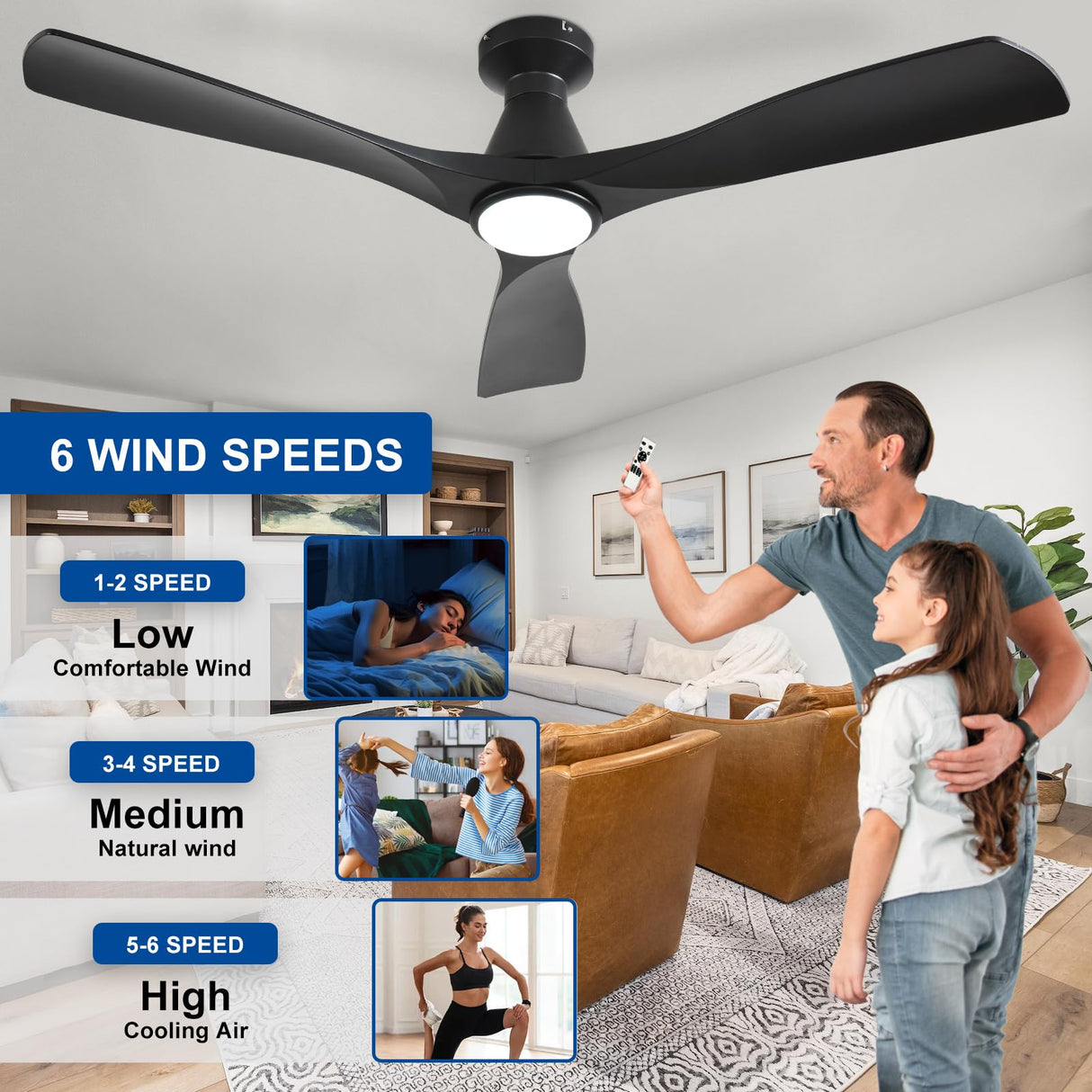 Depuley 52-Inch Ceiling Fans with Lights: Black 3 Blade Flush Mount Low Profile Ceiling Fan for Bedroom - Dimmable Indoor Outdoor Fan with Remote Control Ultra Quiet DC Motor Timer