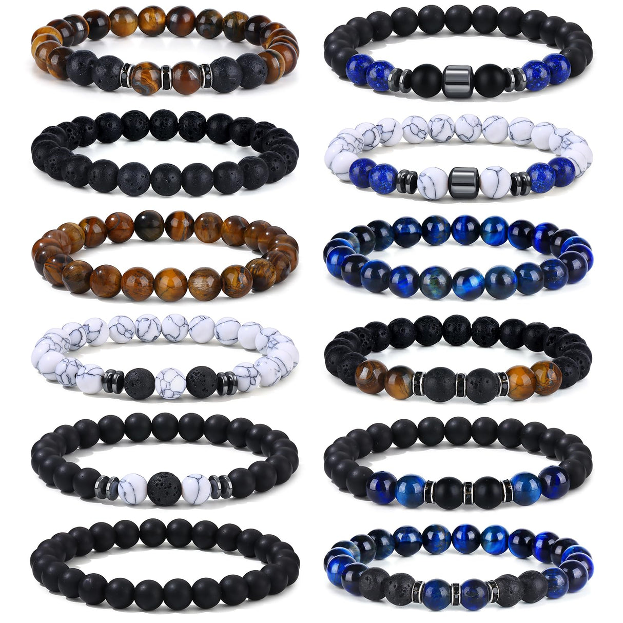Giovanchi 12PCS Bracelets for Men 8MM Lava Rock Black Obsidian Howlite Tiger Eye Beaded Natural Stone Bracelet Jewelry Gifts for Birthday Christmas