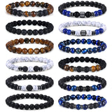 Giovanchi 12PCS Bracelets for Men 8MM Lava Rock Black Obsidian Howlite Tiger Eye Beaded Natural Stone Bracelet Jewelry Gifts for Birthday Christmas
