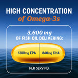 Triple Strength Omega 3 Fish Oil 3600 mg | EPA & DHA | Over 2100mg Omega-3 Fatty Acids | 1300mg EPA + 860mg DHA | Best Essential Fatty Acids | Premium Wild Caught & Burpless Fish Oil | 180 Ct