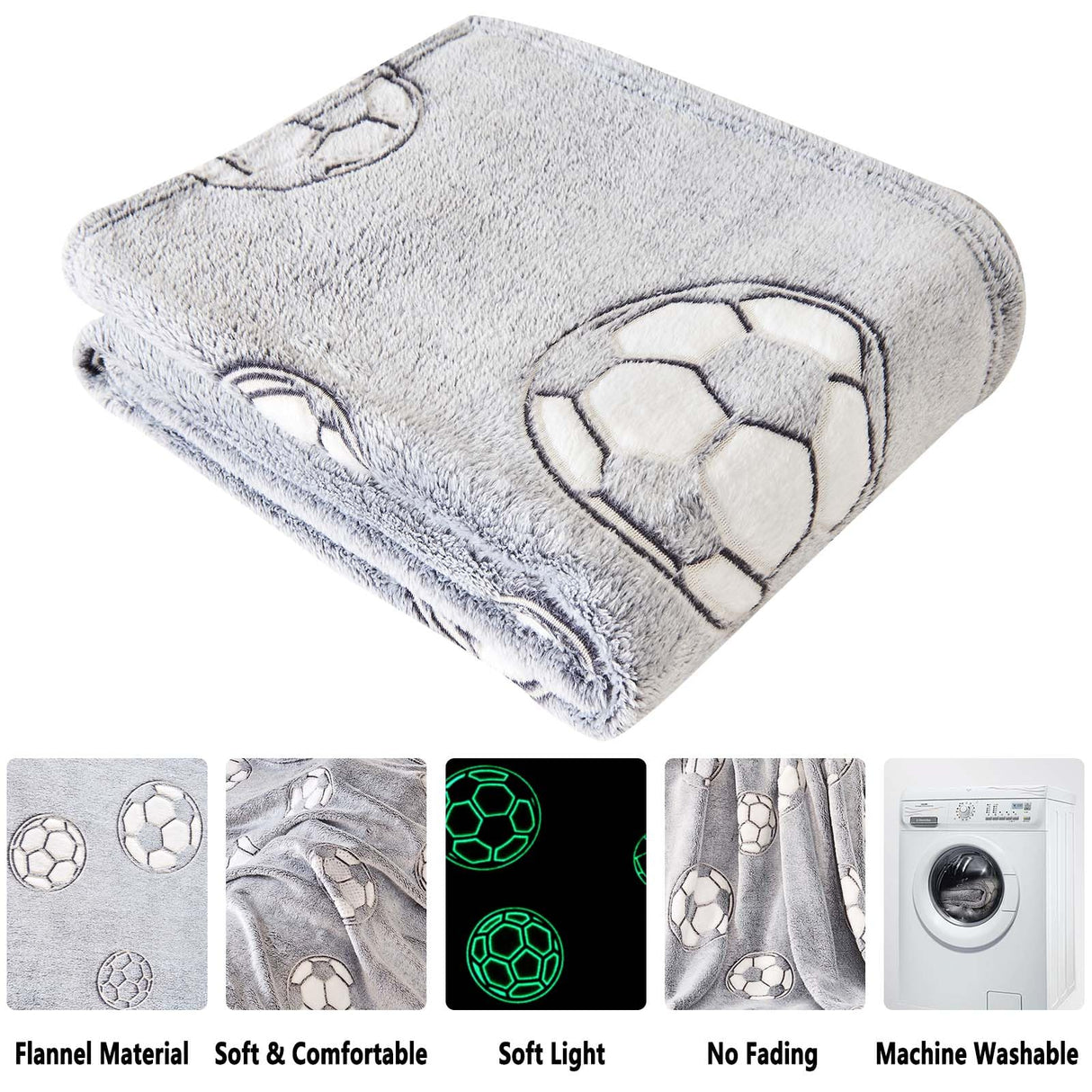 Wajade Soccer Gifts Toys for Boys Girls - Glow in The Dark Soccer Blanket Birthday Christmas Decor for Kids Age 3 4 5 6 7 8 9 10 11 12 Years Old Teens Child Toddler Throw Light Grey 60"x80"