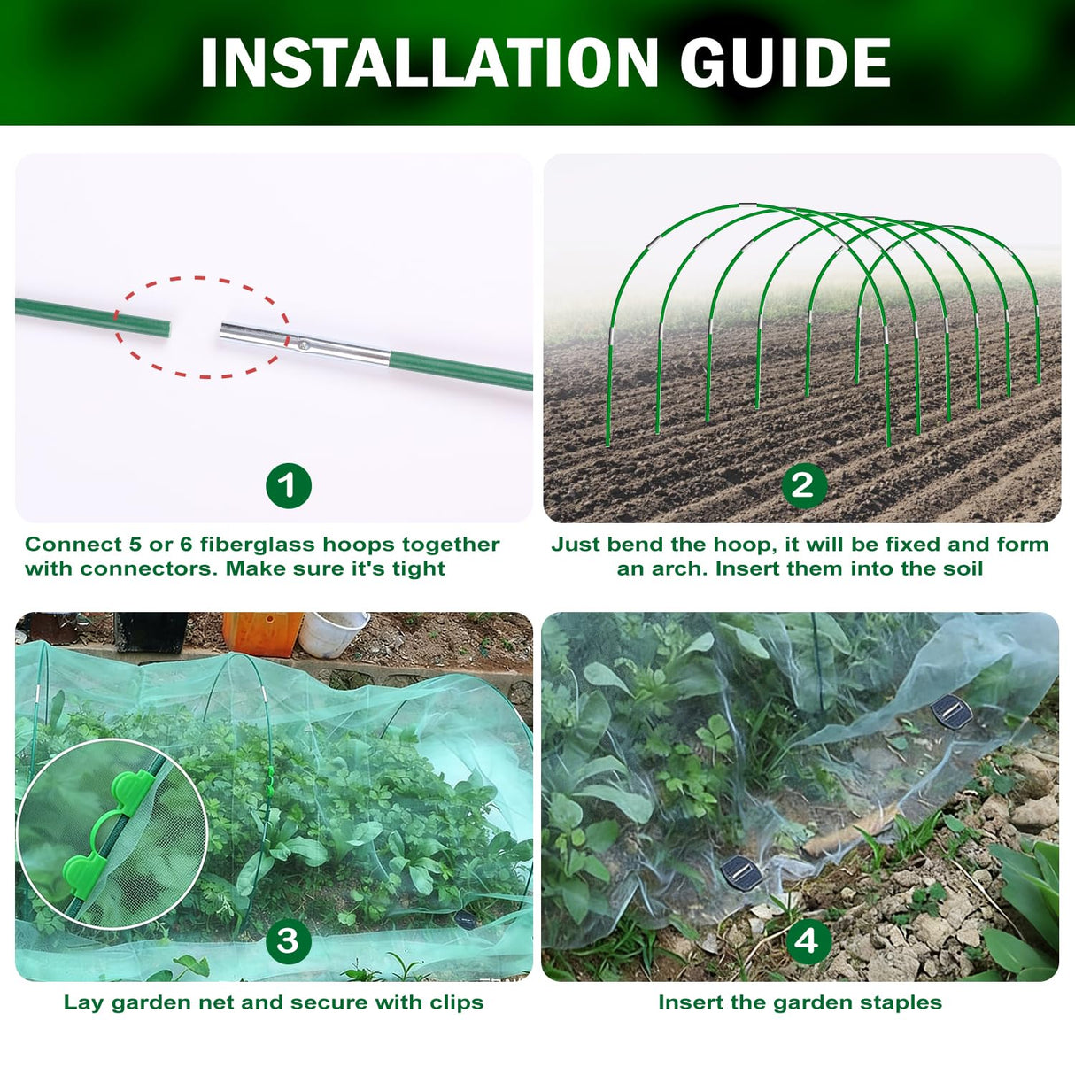 Garden Mesh Netting Kit, 10x30FT Green Ultra Fine Netting & 6 Sets 8FT Fiberglass Garden Hoops with Stake, Garden Netting with Frame for Raised Beds, Garden Hoops and Netting, Row Cover, Plant Barrier