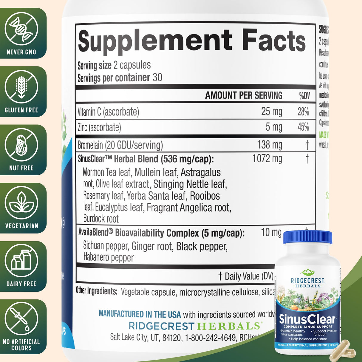 RidgeCrest Herbals SinusClear, Complete Formula for Sinus and Nasal Health with Mullein Leaf, Bromelain, Vitamin C, and Zinc, for Healthy Mucus, Immune & Respiratory Support, (60 Veg Caps, 30 Serv)