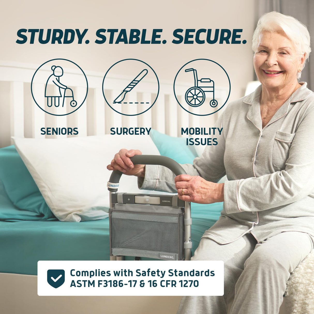Lunderg Bed Rails for Elderly Adults Safety - with Motion Light, Storage Pocket & Non-Slip Handle Bar - Bed Railings for Seniors & Surgery Patients - The Bedside Assist Makes Getting in & Out Easier