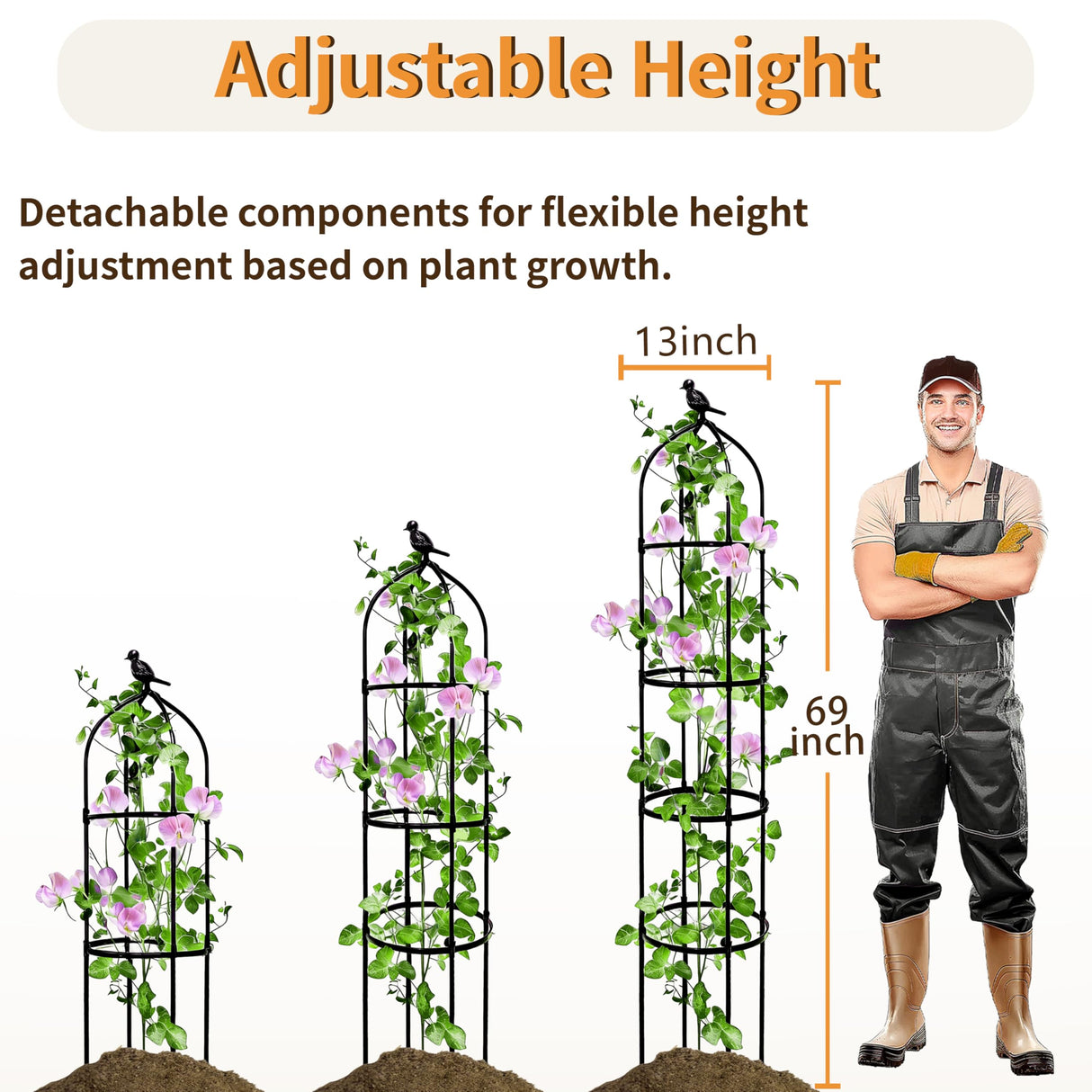 SORANGEUN 1 Pack Garden Obelisk Trellis for Climbing Plants Outdoor, 6FT Adjustable Metal Plant Support with 3 Decorative Tops, Black Rustproof Trellis for Roses, Tomatoes, Clematis & Vines