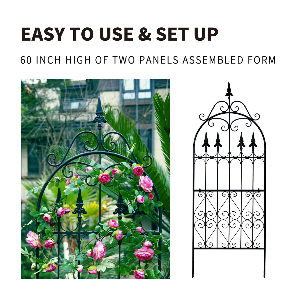 SCENDOR Garden Trellis for Climbing Plants, 60" H x 21.7" W Heavy Duty Metal Trellis, 5FT Rustproof Black Iron Vine Support Trellis with Ground Stakes, Decorative Cupid Arrow Design for Roses, Vines