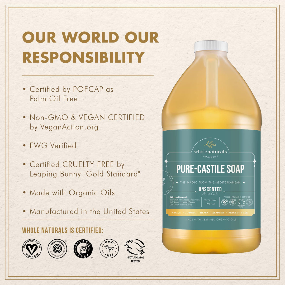 WHOLENATURALS Pure Castile Soap Liquid, EWG Verified & Certified Palm Oil Free Unscented, Natural, Mild & Gentle Non-gmo & Vegan - Organic Body Wash, Laundry, Pet/Dog and Baby Soap - 64 Fl Oz