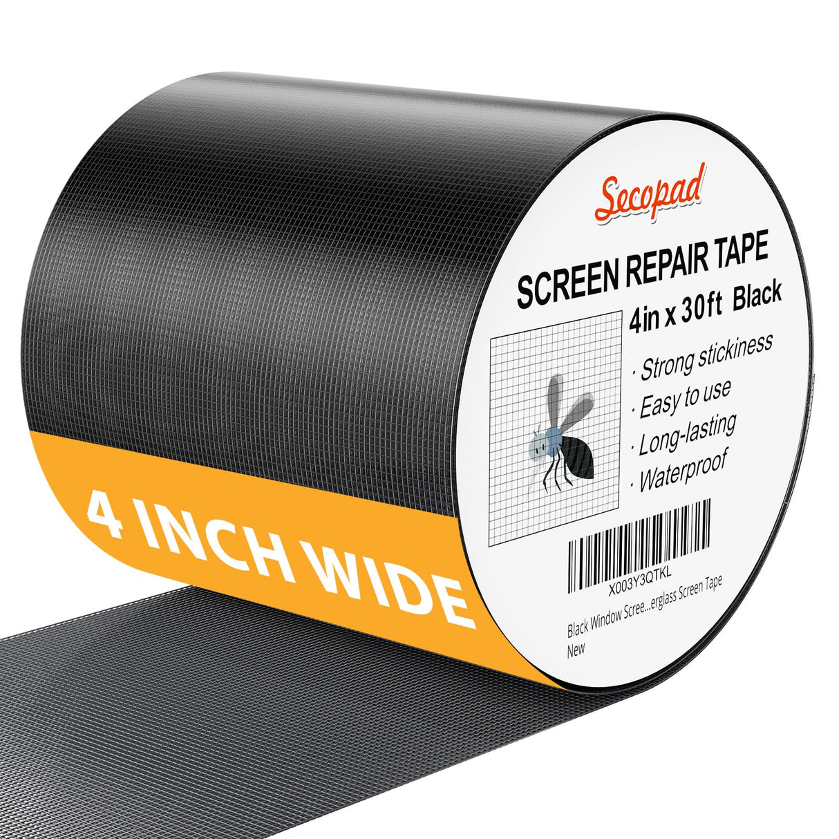 Secopad Black Window Screen Repair Kit, 4 in X 30 FT (360IN) Screen Repair Tape for Windows or Doors, Strong Adhesive Fiberglass Mesh Patch Tape