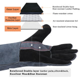 RAPICCA Fireplace Gloves Fire Heat Resistant: Grey 16IN 662℉- Fireproof Leather for Fireplace Fire pit Wood stove Campfire Furnace BBQ Grill Oven Stick Mig Welding Welder Gear - Birthday Gift for men