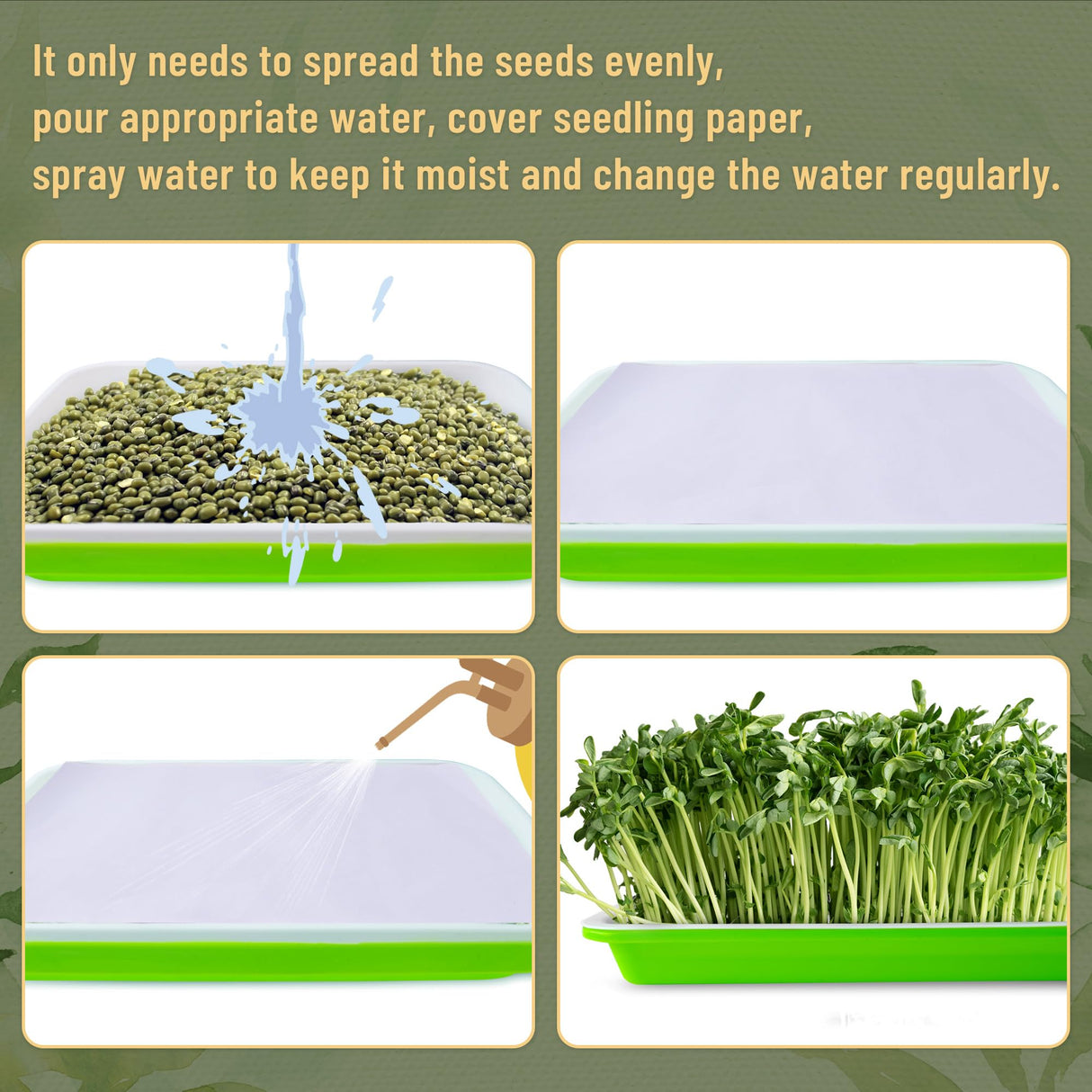 warmfarm Pack 10 of Seed Sprouter Tray with Drain Holes,Seed Germination Trays Kit BPA Free Nursery Tray,Soil-Free Wheatgrass Tray Sprouter Microgreens Growing Kit (Green-10 Pack)