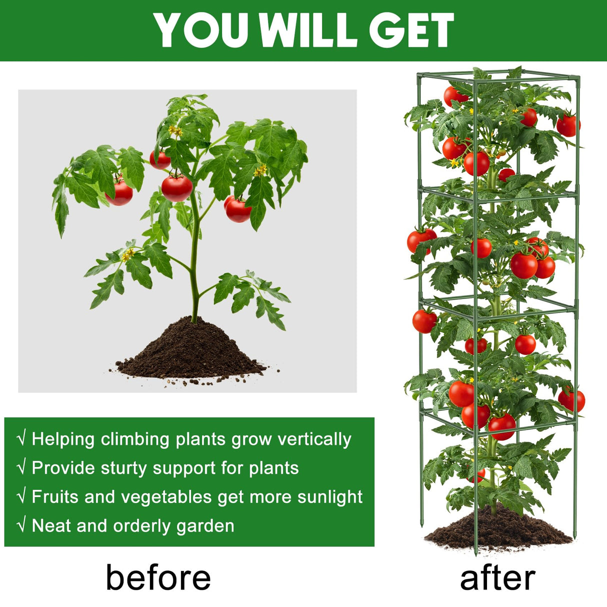 3 Pack Tomato Cage, 14.5" W x 53" H Square Tomato Trellis with 50 Pcs Clips