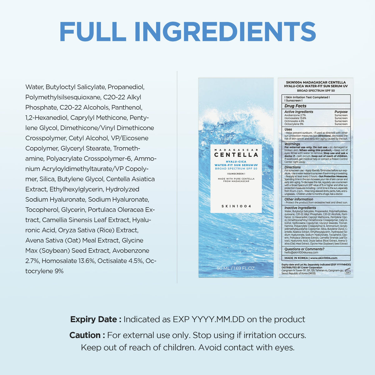 SKIN1004 Hyalu-Cica Water-Fit Sun Serum UV, SPF 50 Sunscreen, 1.69 fl.oz
