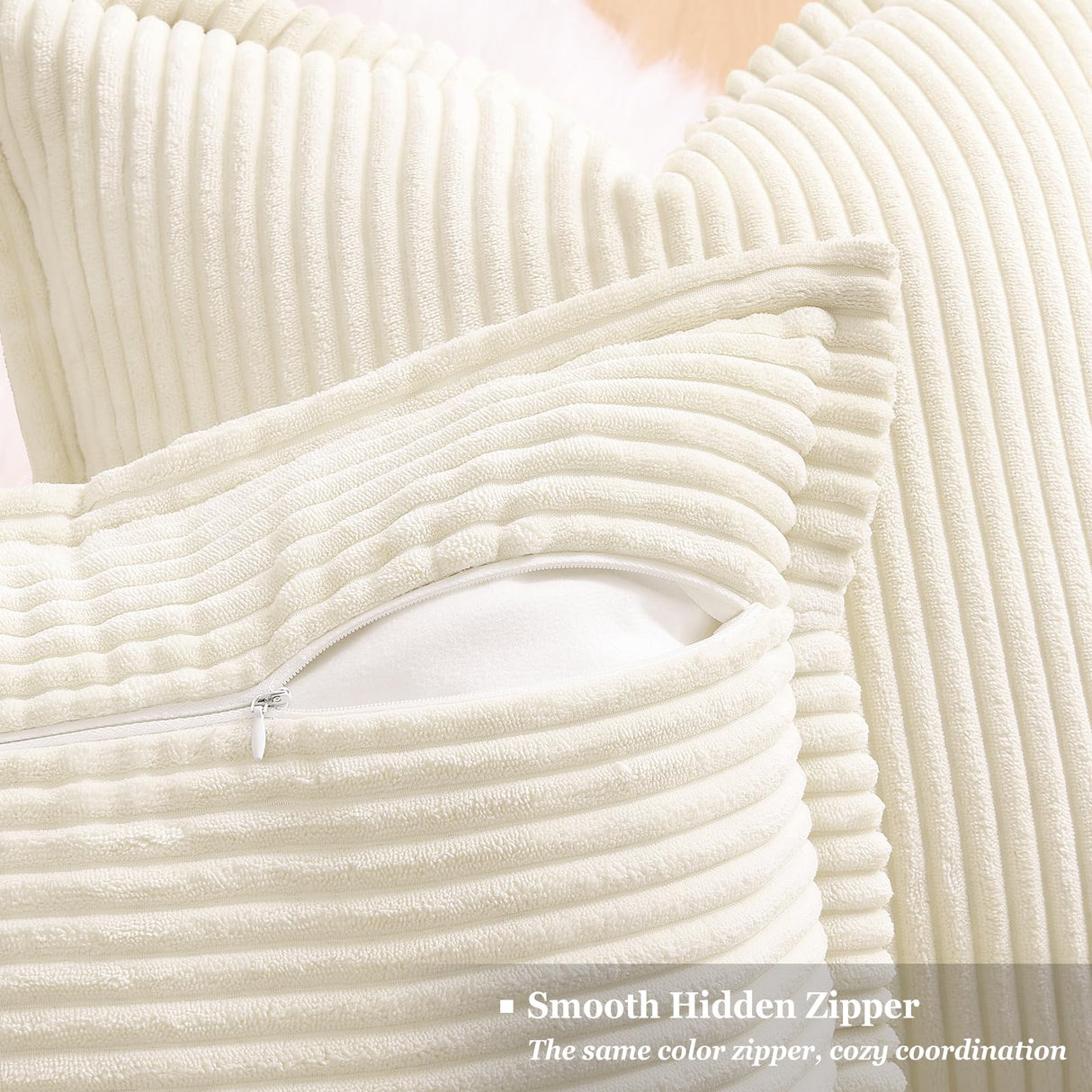 decorUhome Christmas Corduroy Cream White Throw Pillow Covers 22x22 Set of 2 Decorative Soft Boho Farmhouse Euro Couch Pillow Covers for Living Room Bed Sofa Broadside Striped Pillow Cases