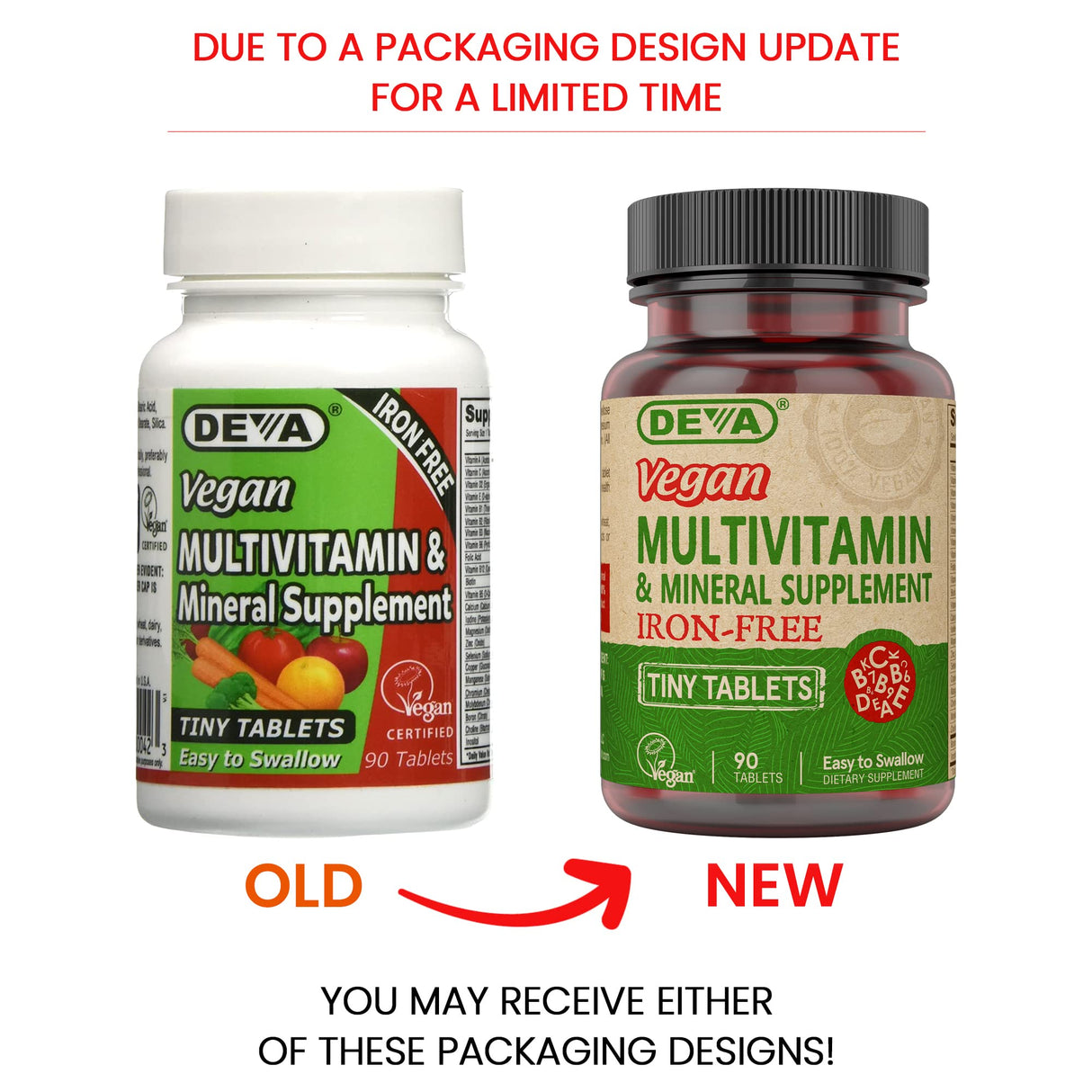 DEVA Vegan Iron-Free Multivitamin & Mineral Supplement 2-Pack, Vitamin C, D2, E & B-Complex, Biotin, 90 Tiny Tablets Each