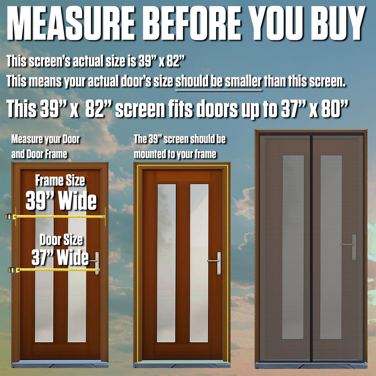 Fenestrelle Magnetic Screen Door – Heavy Duty, Hands Free Fiberglass Mesh with Self Closing Magnetic Seal, White Trim – Fits 34" x 80" Doors (Screen Size 36" x 82")