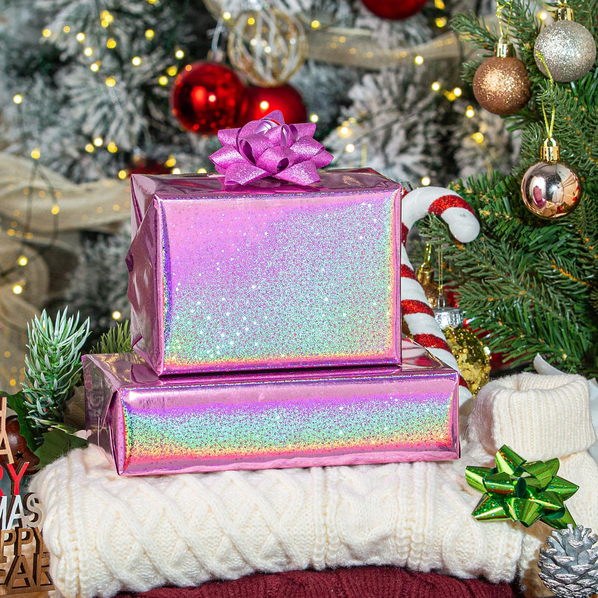 Burymento Pink Wrapping Paper Roll, Metallic Holographic Star Gift Wrap for Birthday, Valentines, Mothers day, Graduation, Wedding, Fathers day, Baby Shower, Christmas (30 IN x 32.8 FT)