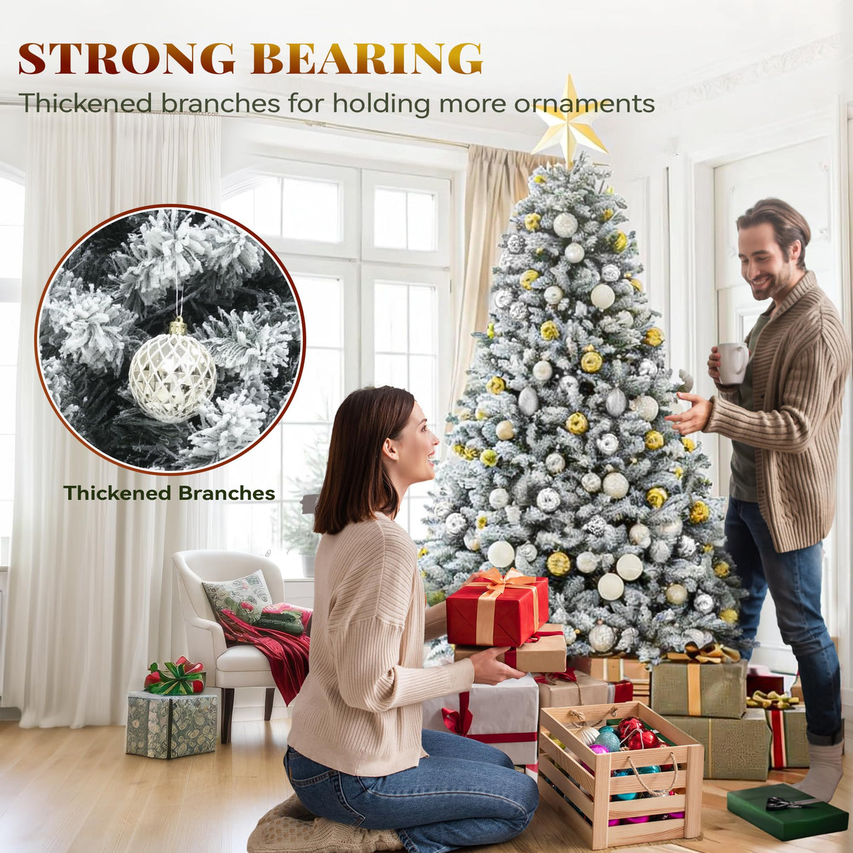 YITAHOME Prelit Snow Flocked Artificial Full Christmas Tree 6ft with Remote Control, Christmas Pine Tree with 11 Light-Modes, 1000 Branch Tips, and Foldable Base for Home, Party Decoration