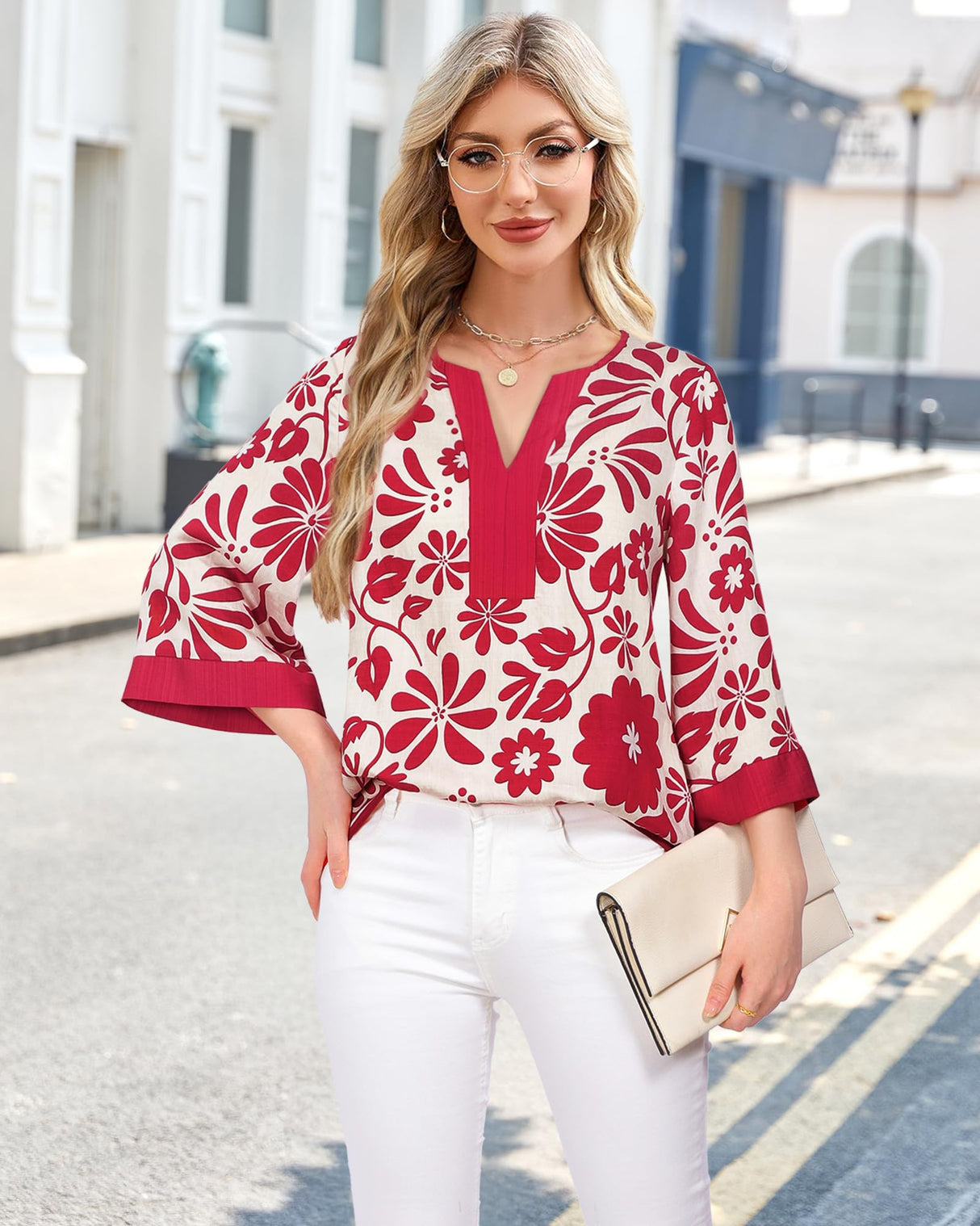 Bebonnie Office Tops for Women Work: 3/4 Sleeve V Neck Dressy Blouses for Women - Womens Blouses Dressy Casual Bell Sleeve Fall - Ladies Tunic Tops Plus Size for Holiday Christmas Multi Red XXL