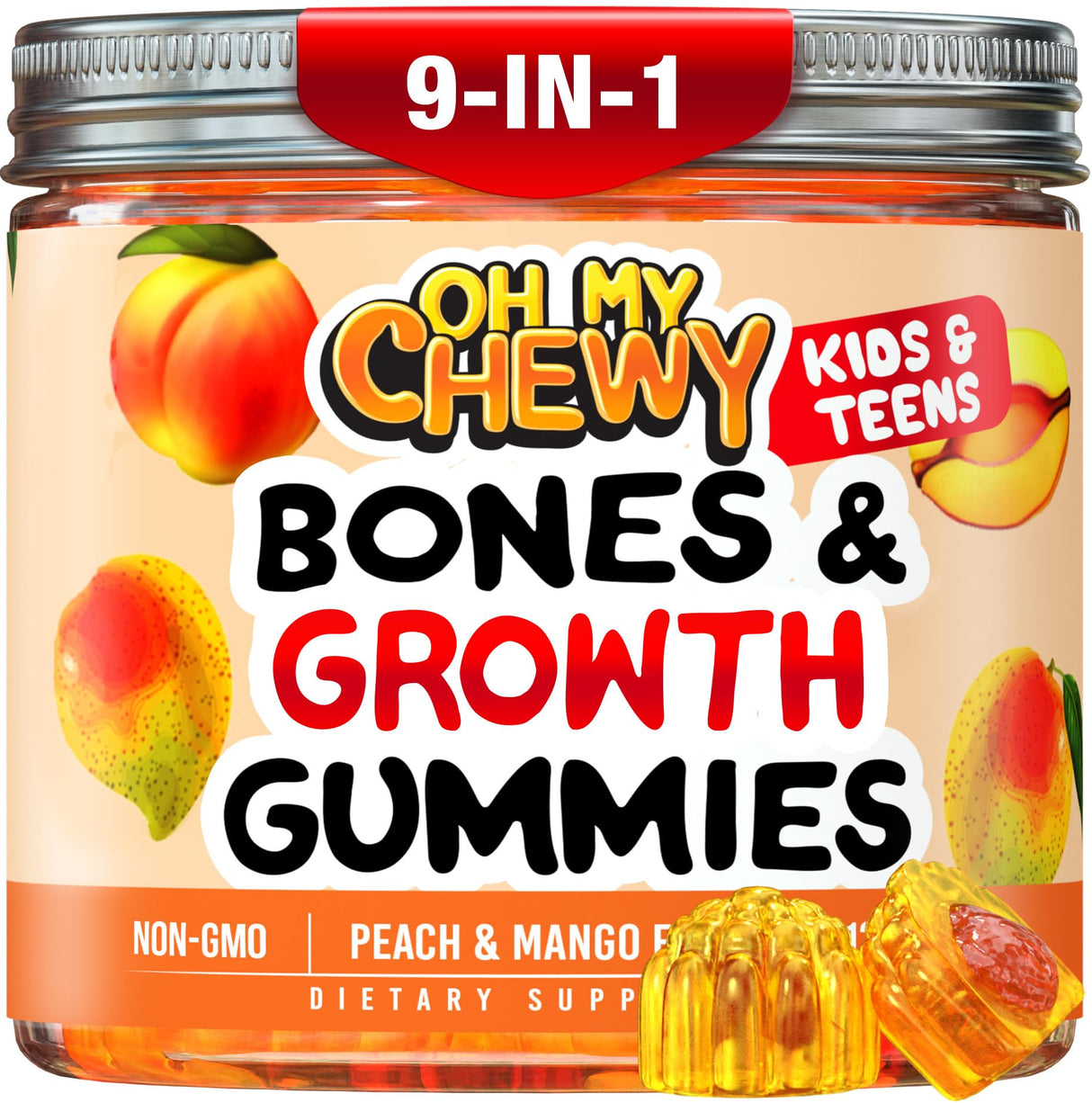 OH MY CHEWY Center-Filled Bones & Growth Support Gummies - Supplement Vitamins for Kids & Teens with Calcium, Astragalus, D3, K2, L-Arginine, Glutamine & Omithine HCI - Peach & Mango - 60 Count