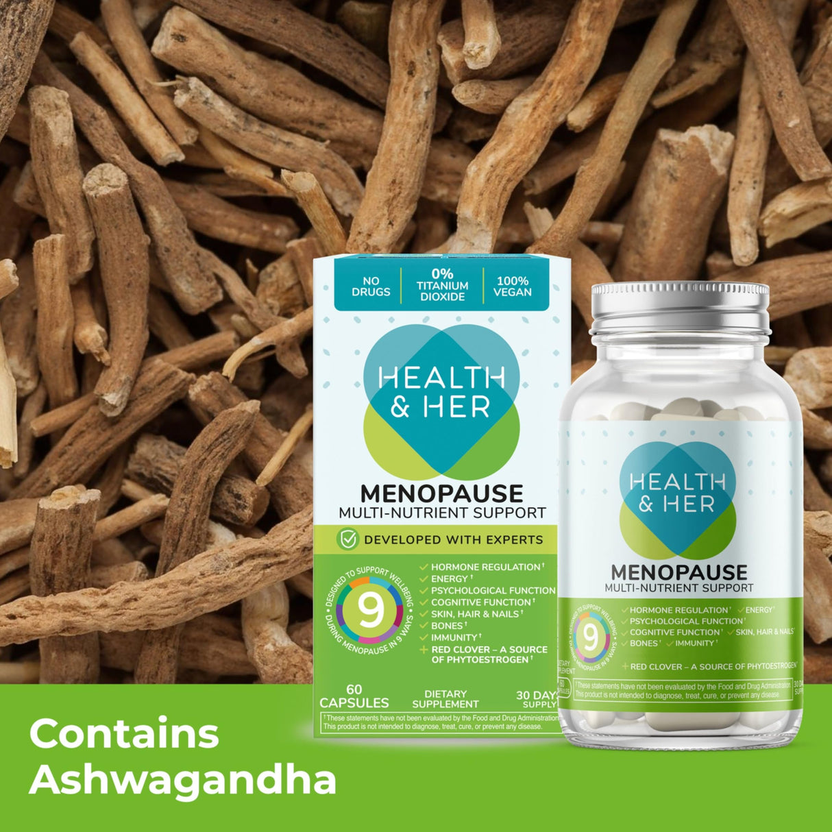 Health & Her Menopause Supplements for Women - Multi-Nutrient Support, Menopause Vitamins for Energy, Bones, Muscles, Skin & Hair, Vegan, Gluten-Free, Non GMO (60ct - 1 Month)