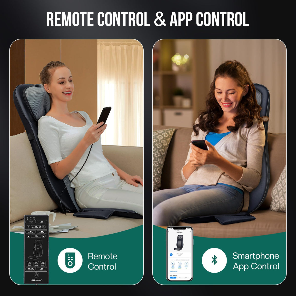 Snailax Shiatsu Neck Back Massager with Heat, APP Control, Full Body Massage Chair Pad with Adjustable Height, Deep Kneading & Rolling Massage Seat Cushion for Back Pain, Seat Chair Massager, Gifts