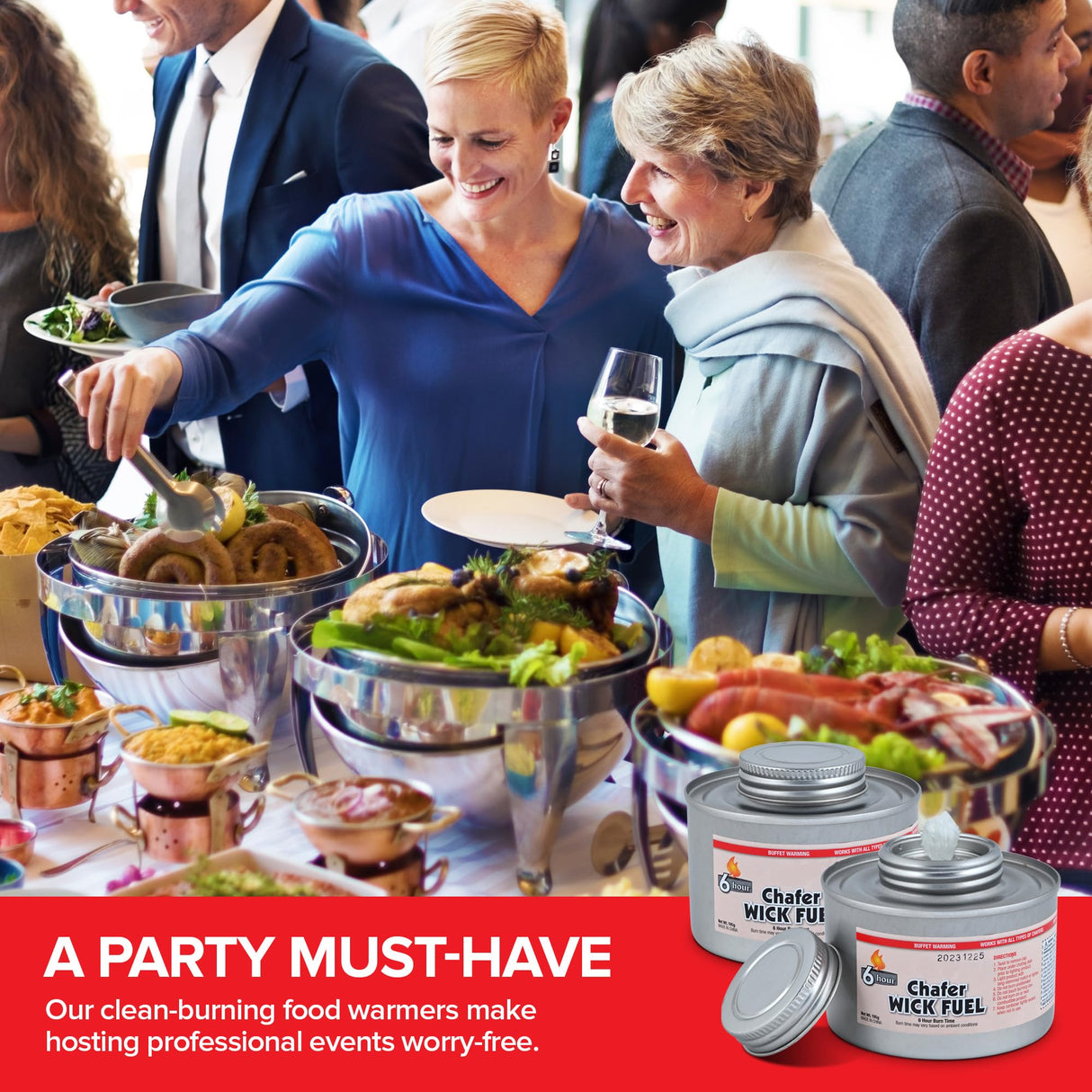 6-Hour Food Warmers for Parties (6 Pack), Chafing Fuel Cans with Wick and Safety Twist Cap, Catering Food Warmers for Buffets, Parties, Weddings, Long Lasting Burners for Food Warmer, Food Heater