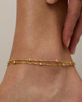 PAVOI 14K Yellow Gold Plated Beaded Double Chain Anklets for Women | Dainty Layered Adjustable Boho Anklet